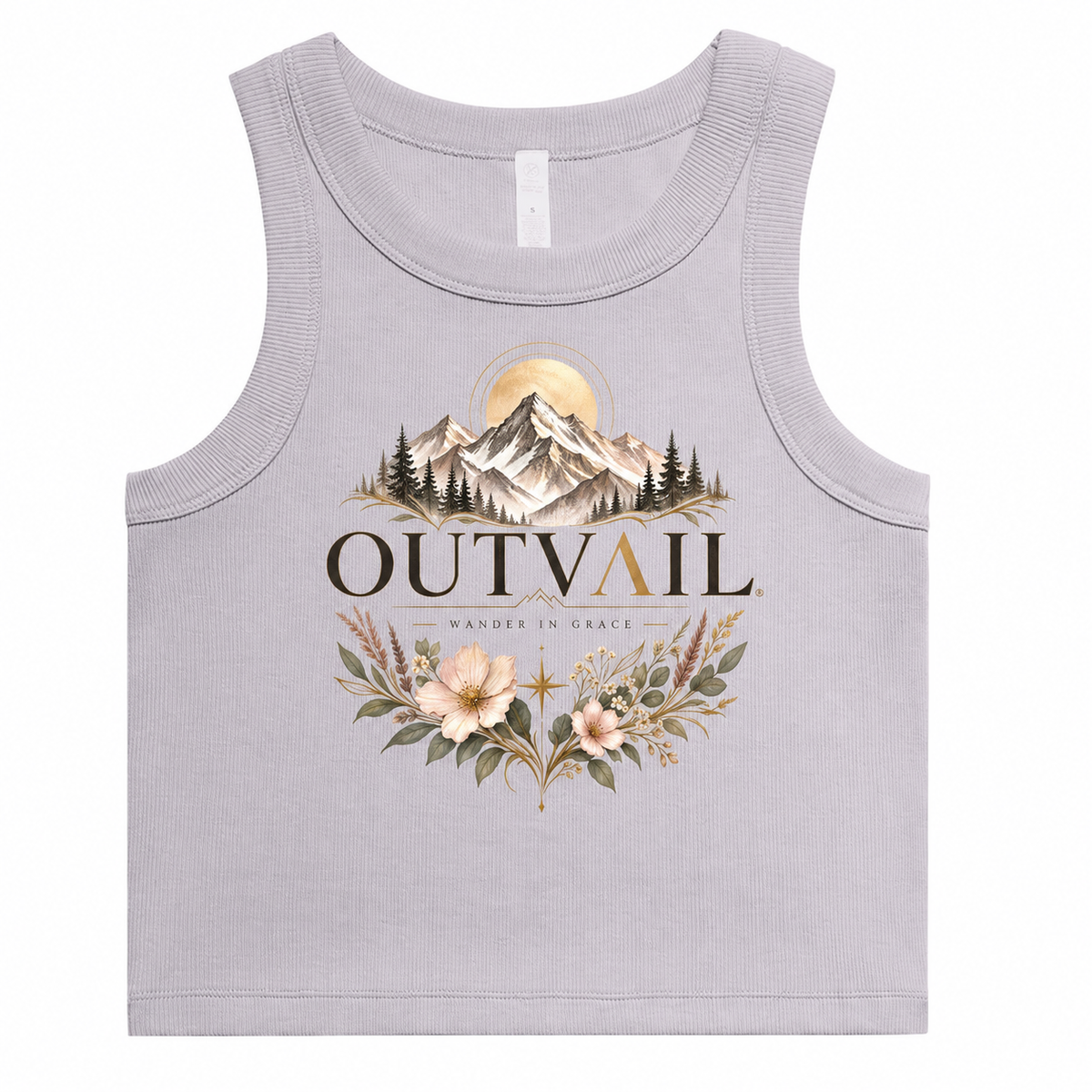 OUTVAIL Alpine Bloom orchid ribbed tank top with floral mountain graphic