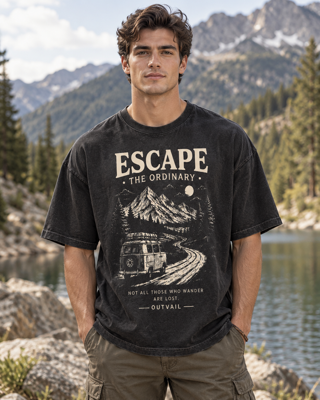 OUTVAIL Escape the Ordinary Washed Graphic Tee - Faded Black