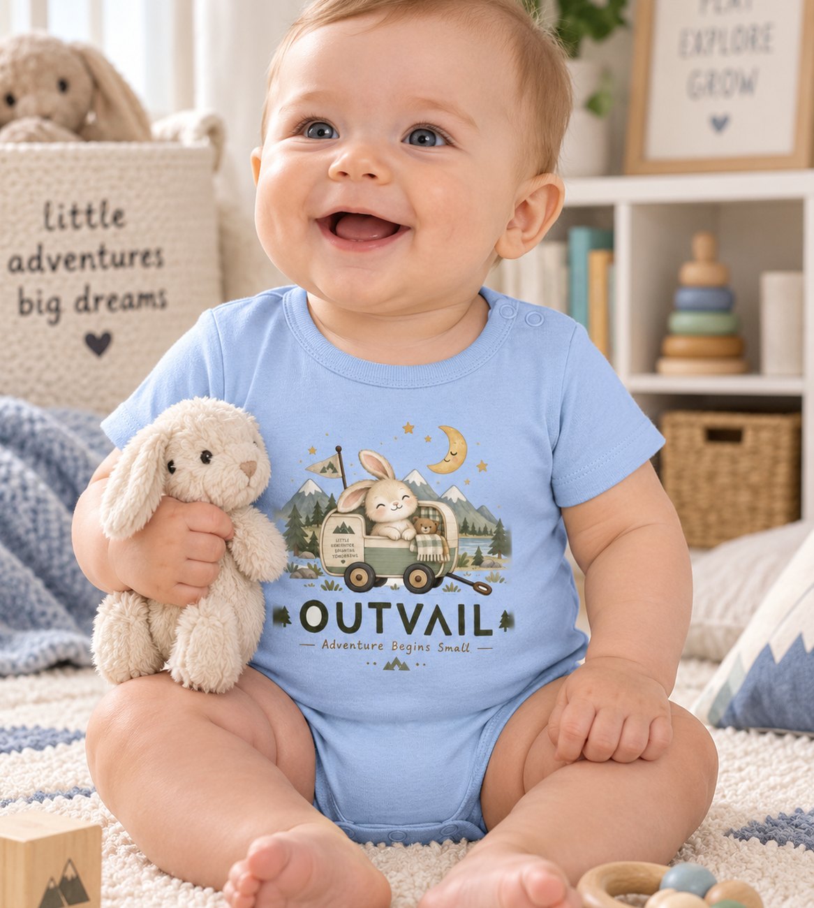 OUTVAIL Adventure Begins Small Organic Baby Bodysuit – Blue