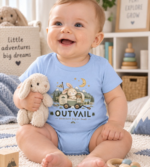 OUTVAIL Adventure Begins Small Organic Baby Bodysuit – Blue